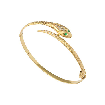Antique 18 kt Gold Snake Bracelet with Emerald Eyes and Diamond Head