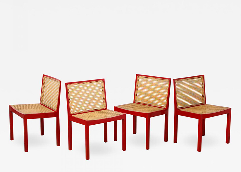 Set of Four Red Lacquered Bankshuhl Chairs by Willy Guhl for Stendig